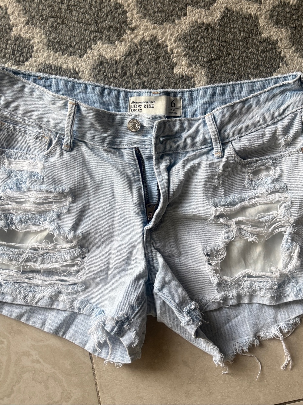 2000s Y2K Abercrombie & Fitch Light Blue Distressed Low-Rise Denim Shorts